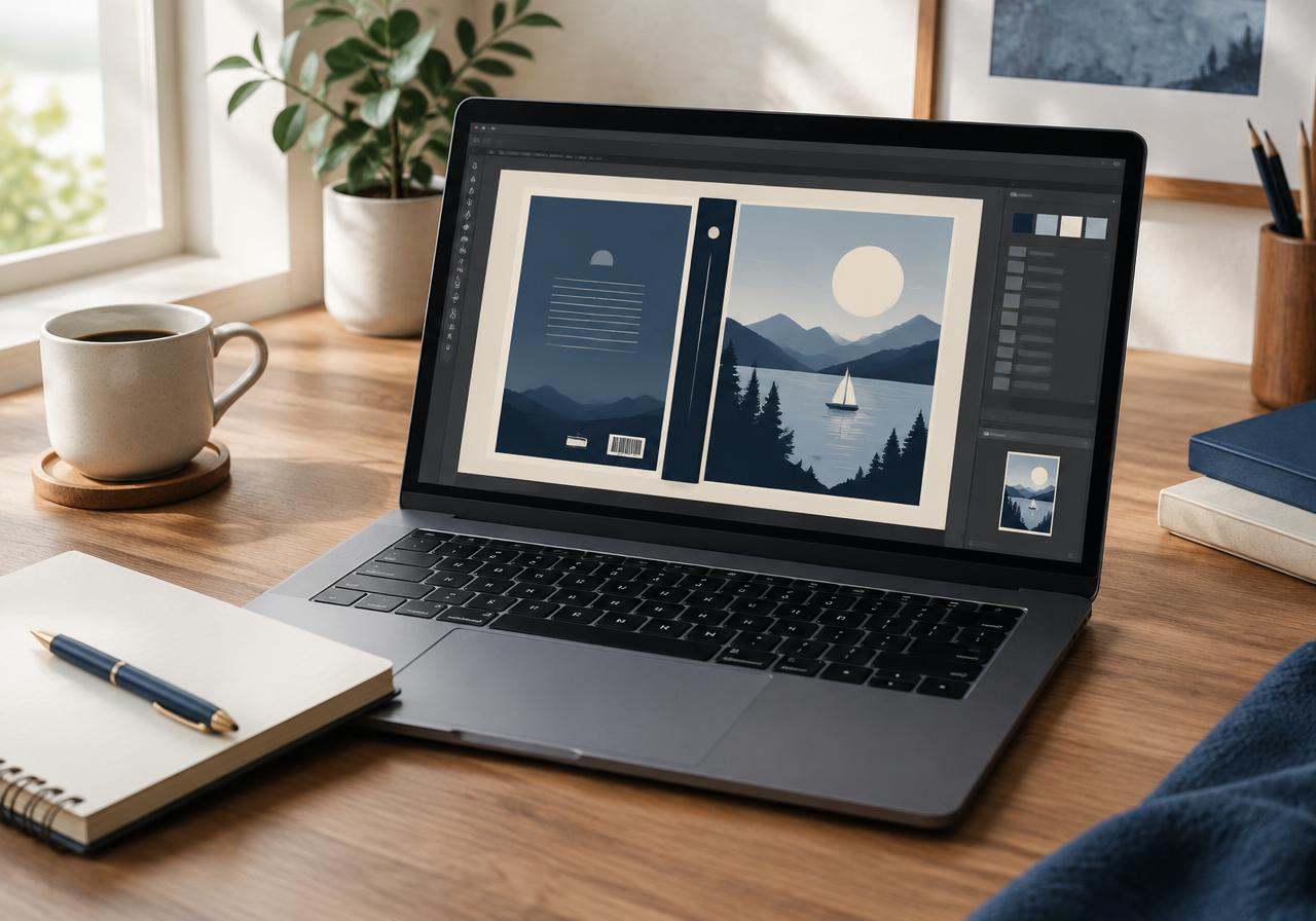 Laptop displaying an e-book cover design